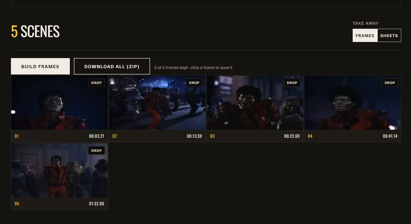 One full-resolution frame per scene, keep or drop
